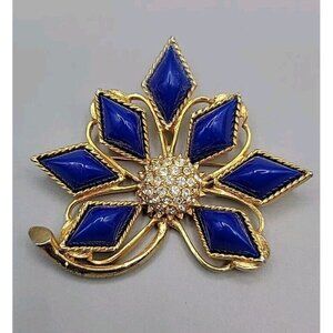 Art Nouveau Faux Lapis Crystal Flower Brooch Vintage Gold Tone High Quality